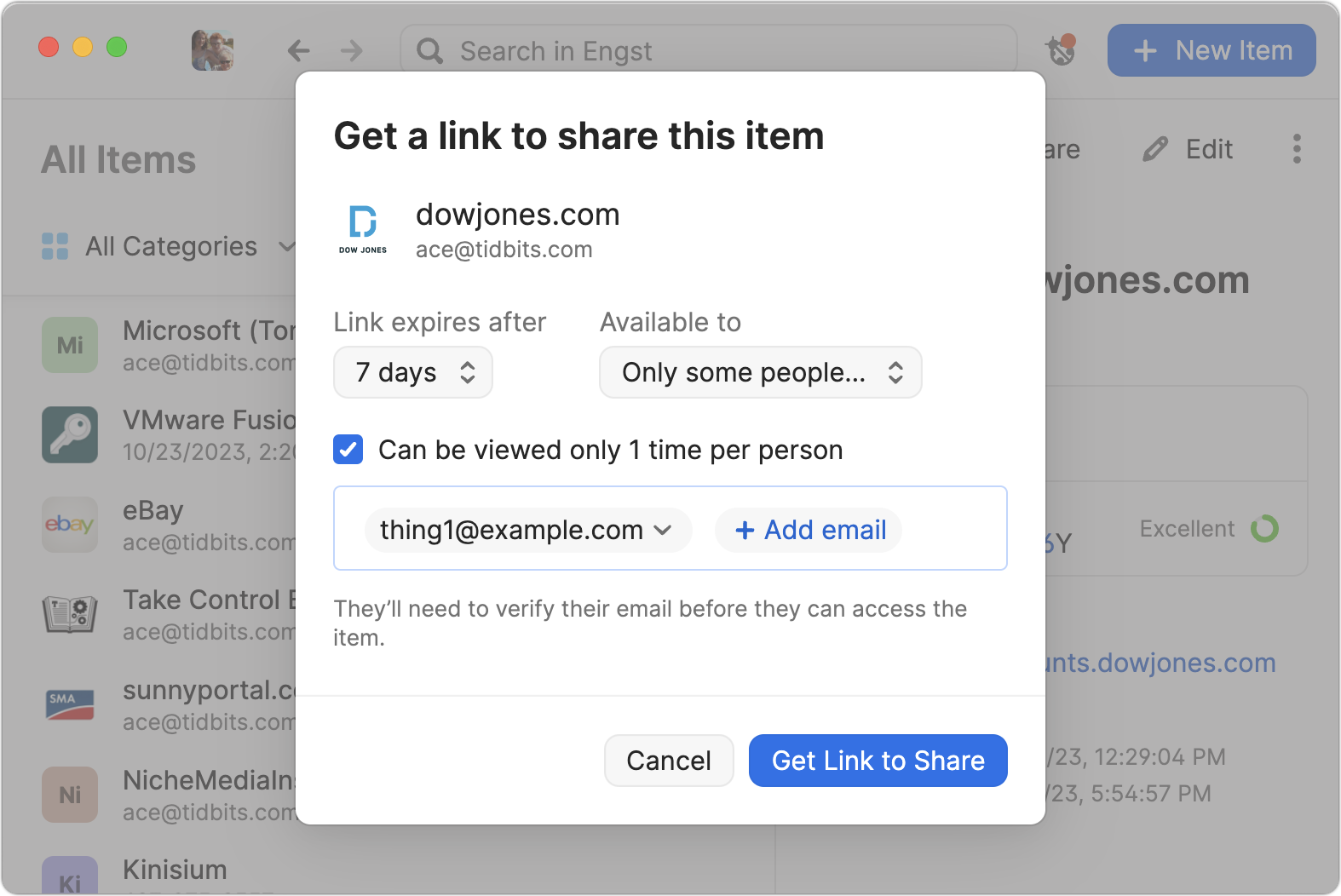 Sharing a link in 1Password